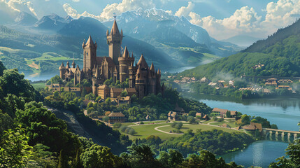Majestic fantasy city nestled on rolling hills command - Powered by Adobe