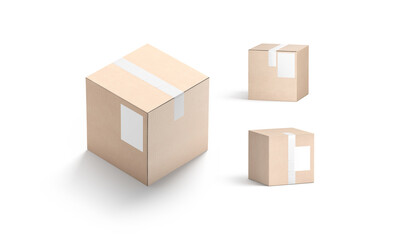 Blank white shipping label on craft box mockup, different sides