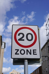 20 mph zone sign. Low speed limit restriction in residential area of UK city 