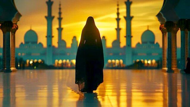 An Arab woman in a burqa looks at the mosque. Selective focus. Nature.