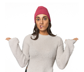 Hispanic young woman confused and doubtful shrugging shoulders to hold a copy space.