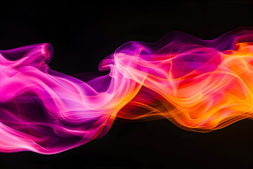 Dynamic neon orange and pink waves merging. Fluid neon art on black background.
