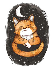Cat in the moon illustration, capturing whimsy, curiosity, and nocturnal charm