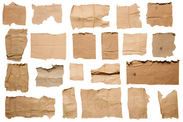 Collection of ripped pieces of corrugated cardboard isolated on transparent background