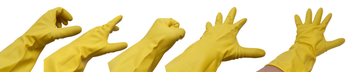 Hand wearing yellow rubber glove in various position, reaching something, cut out isolated on white
