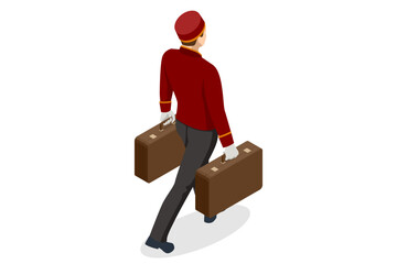 Isometric Porter with Baggage, Bellhop in Uniform and A hotel Luggage Cart loaded with Suitcases and Bags Enjoy the Holiday and Vacation.
