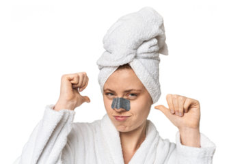 Young Caucasian redhead with pore strip feels proud and self confident, example to follow.