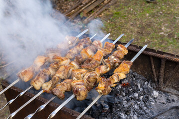 Pieces of meat are fried on metal skewers over hot coals. White smoke rises from the meat.