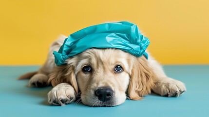 Golden Retriever puppy with a blue ice bag on her head as she is lying on colored background
