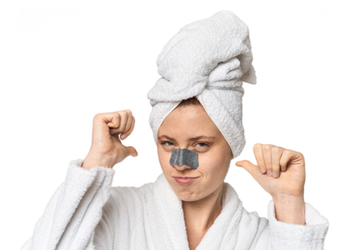 Young Caucasian redhead with pore strip feels proud and self confident, example to follow.