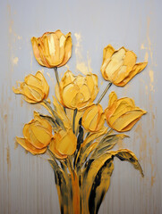 Oil painting of yellow and gold foil tulip flowers bouquet, impasto oil painting. Valentine, Woman's day and Mothers day concept, art for design poster, greeting card, banner, wedding invitation
