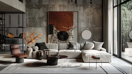 A beautifully curated modern living room with an eye-catching poster frame gracing the wall.