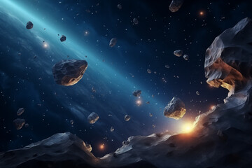 Naklejka premium Stone meteorites and asteroids flying in space. AI generated.