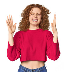 Young Caucasian redhead woman joyful laughing a lot. Happiness concept.
