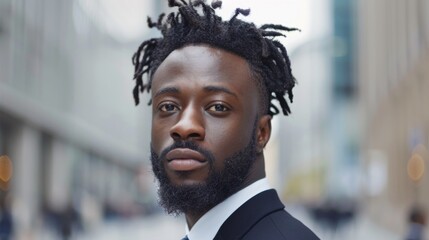 A man with dreads and a beard in suit looking at camera, AI