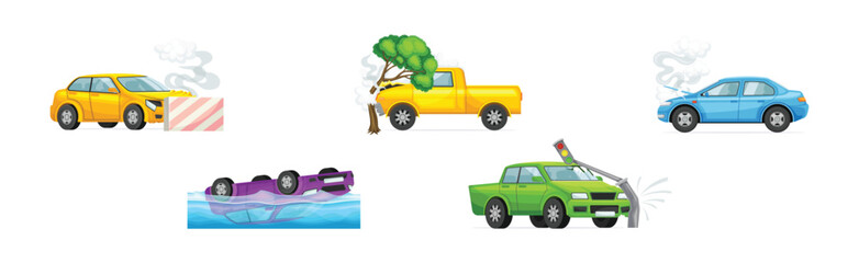 Car Crash and Accident on the Road Vector Set