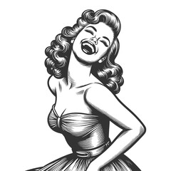 woman laughing heartily, her head thrown back in a moment of pure joy and infectious mirth sketch engraving generative ai fictional character raster illustration. Black and white image.