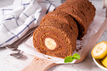 Banana Chocolate Swiss Roll Cake, Sponge Roll with Chocolate Filling