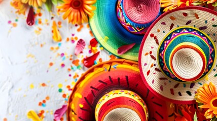  A captivating portrayal of Cinco de Mayo celebrations, with bright colors and traditional decorations against a solid white background, creating a visually striking composition. 
