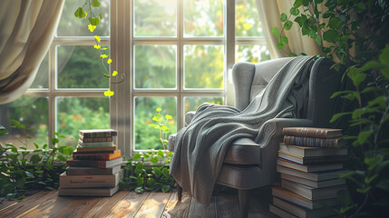A cozy reading corner with a comfortable armchair and a stack of books, nestled beside a large window overlooking a lush green garden. Promotion background.