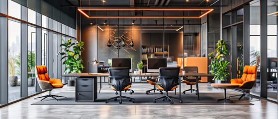 Modern Office Design with Sleek Furniture and Spacious Interior, Bright and Elegant Corporate Environment