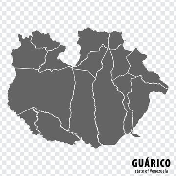 Blank map Guarico State of Venezuela. High quality map Guarico  State with municipalities on transparent background for your design. Bolivarian Republic of Venezuela.  EPS10.