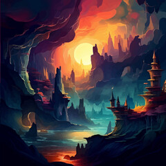 Illustration. Bright fantastic landscape. Mountains, canyon, caves. Fantastic castle in the mountains.  - 791567738