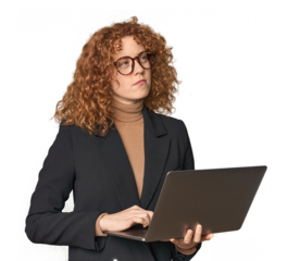 Young Caucasian redhead businesswoman with laptop happy