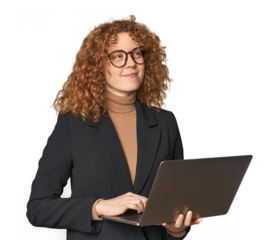 Young Caucasian redhead businesswoman with laptop happy