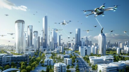 Plan for a futuristic cityscape with flying cars  AI generated illustration - obrazy, fototapety, plakaty