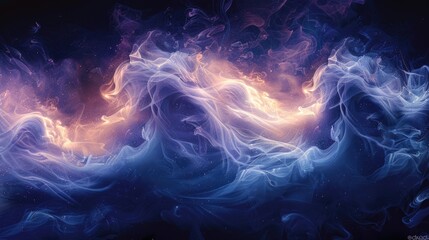 Ethereal smoke patterns intertwining with electric blues and purples