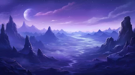 Zelfklevend Fotobehang Amethyst hues adorn starlit mountains under a luminous moon, creating a serene nocturnal landscape © chesleatsz