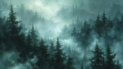 Fractal forests emerging from the mist, blending nature with algorithmic art