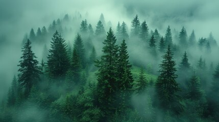 Fractal forests emerging from the mist, blending nature with algorithmic art - obrazy, fototapety, plakaty