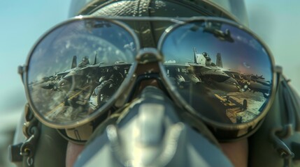 Reflection of a fighter jet in a squad leaders sunglasses  AI generated illustration