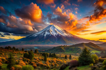 Mountains with a snow capped peak in the distance at sunset. Beautiful landscape.