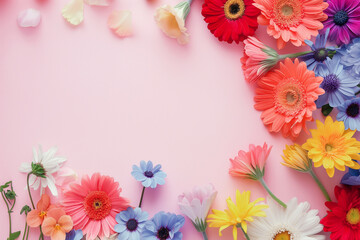 Colorful flowers on colorful background with copyspace