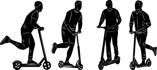 men riding scooters silhouette on white background vector