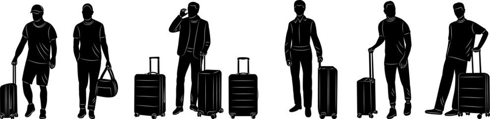 people with suitcases, travelers set silhouette on white background vector
