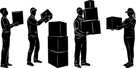 people with boxes set silhouette on white background vector