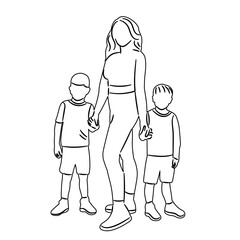 mom and sons sketch on white background vector