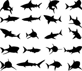 shark set silhouette on white background vector