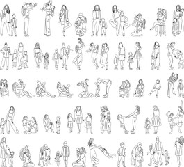 mom and child set, collection, mom and daughter, mom and son sketch on white background vector