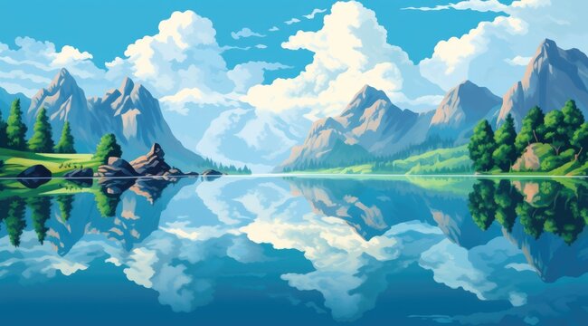  Serene alpine lake reflecting distant mountains under a clear blue sky, framed by lush pines