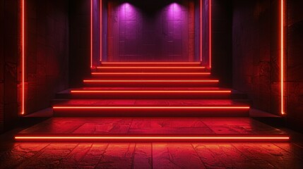 A sleek red podium in a minimalist design with futuristic glow decoration, perfect for product showcase.