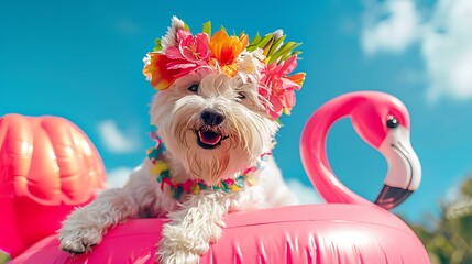 White terrier wearing tropical flower garland chilling on the pink rubber flamingo