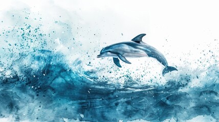 Naklejka premium graceful dolphin leaps amidst the swirling blues of a watercolor sea, embodying the freedom and dynamic movement of oceanic life in a fluid and expressive art piece.