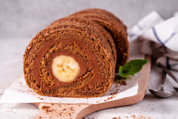 Banana Chocolate Swiss Roll Cake, Sponge Roll with Chocolate Filling