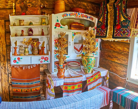 The kitchen in Hutsul house, Mountain Valley Peppers handicraft village, on July 24 in Yablunytsya, Ukraine
