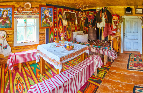 The Hutsul house interior, Mountain Valley Peppers, on July 24 in Yablunytsya, Ukraine